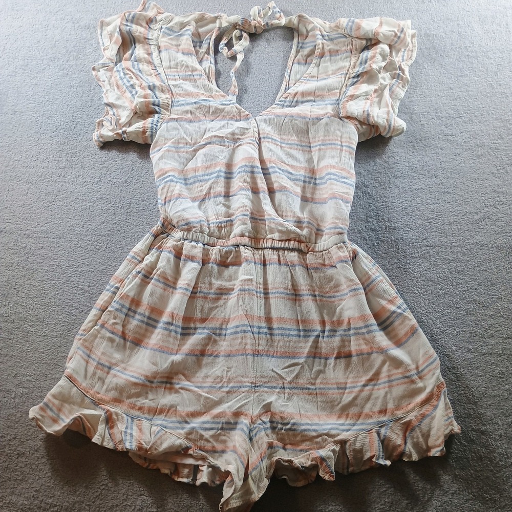 American Eagle Women Romper Striped Medium Ruffle Sleeve V-Neck Tie Back